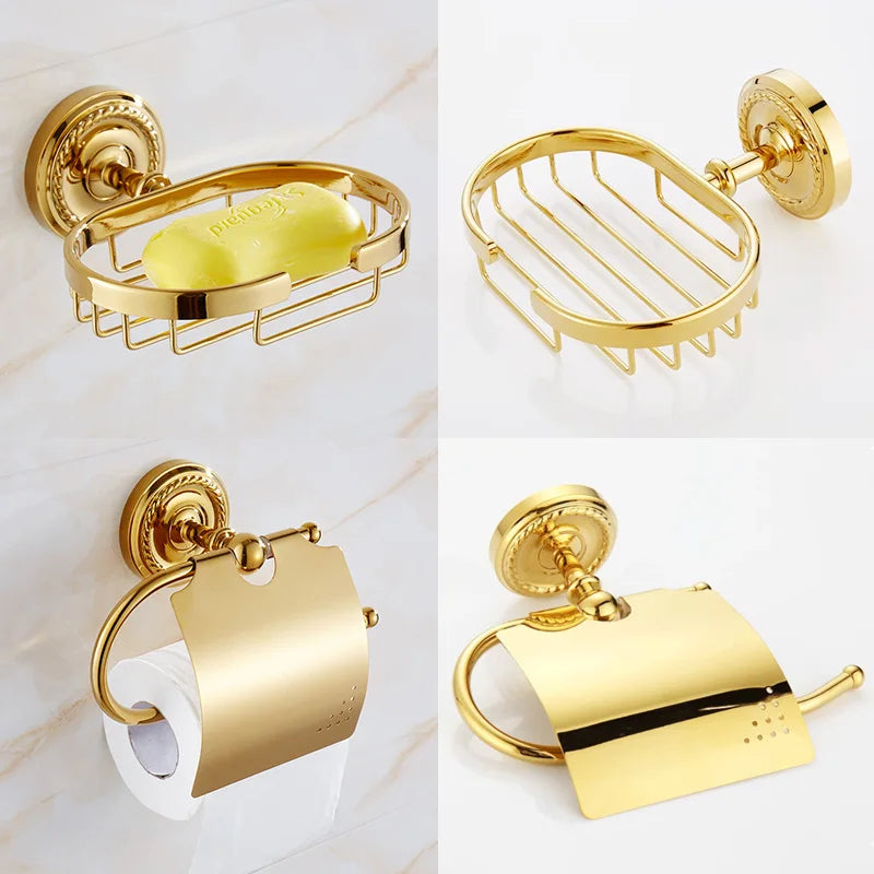 Accessoires Salle de Bain Laiton Doré Rosace Torsadée à la Pièce, 11 Articles