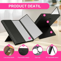 Miroir de Maquillage LED Pliant 3 Volets, Blanc, Noir ou Rose