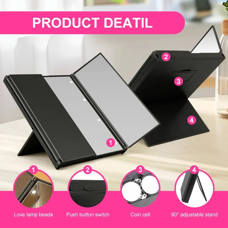 Miroir de Maquillage LED Pliant 3 Volets, Blanc, Noir ou Rose
