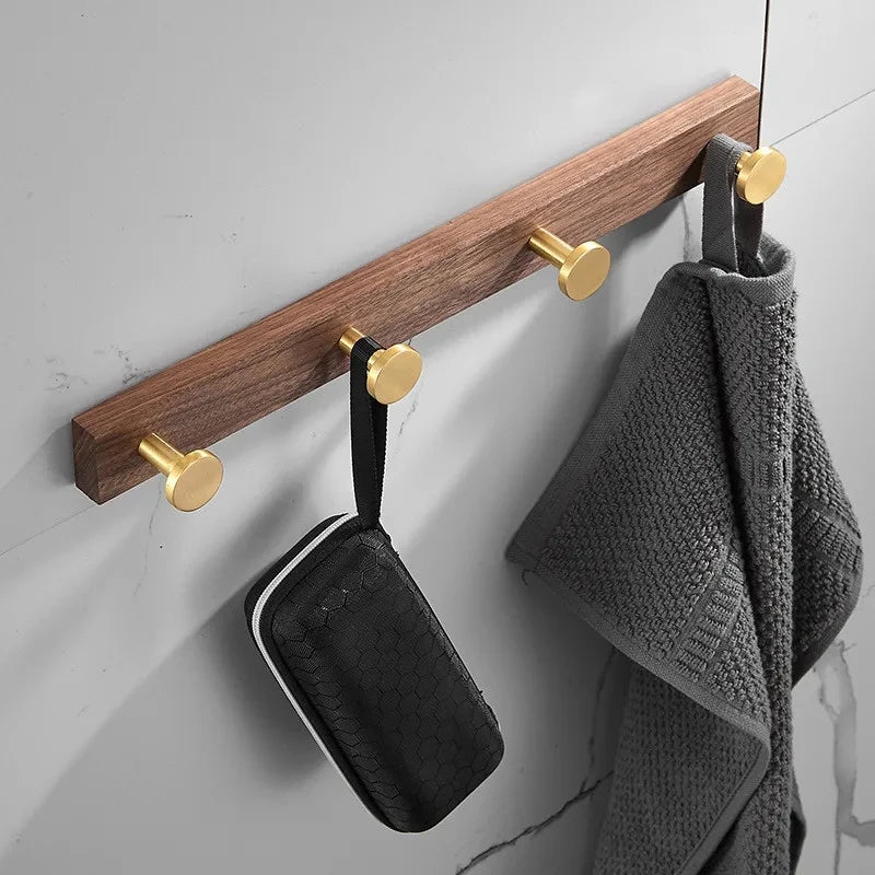 Patère Murale Bois et Aluminium Doré Brossé Multi-Crochets