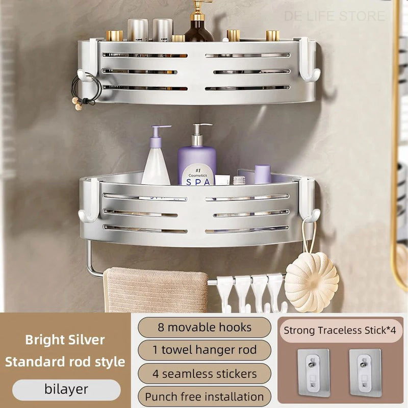 Étagère d'Angle de Douche Aluminium Sans Perçage, 1 ou 2 Niveaux