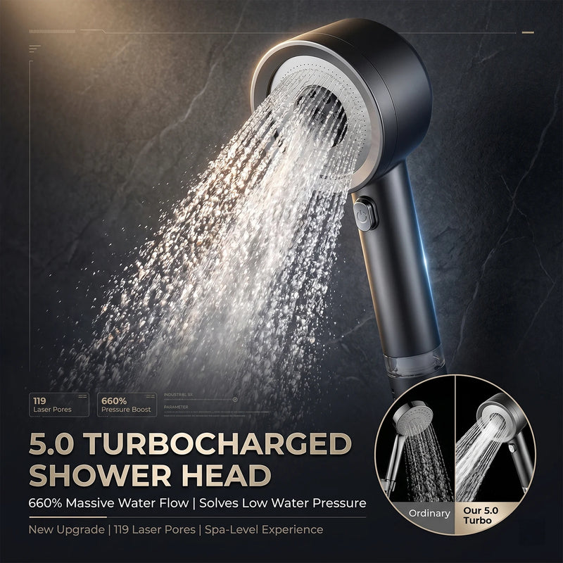 Pommeau de Douche Turbo Noir 4 Modes, 119 Micro-Orifices et 5 Cartouches