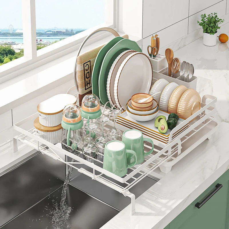 Égouttoir à Vaisselle Extensible 36 à 57,5 cm, Porte-Couverts, Bec Pivotant