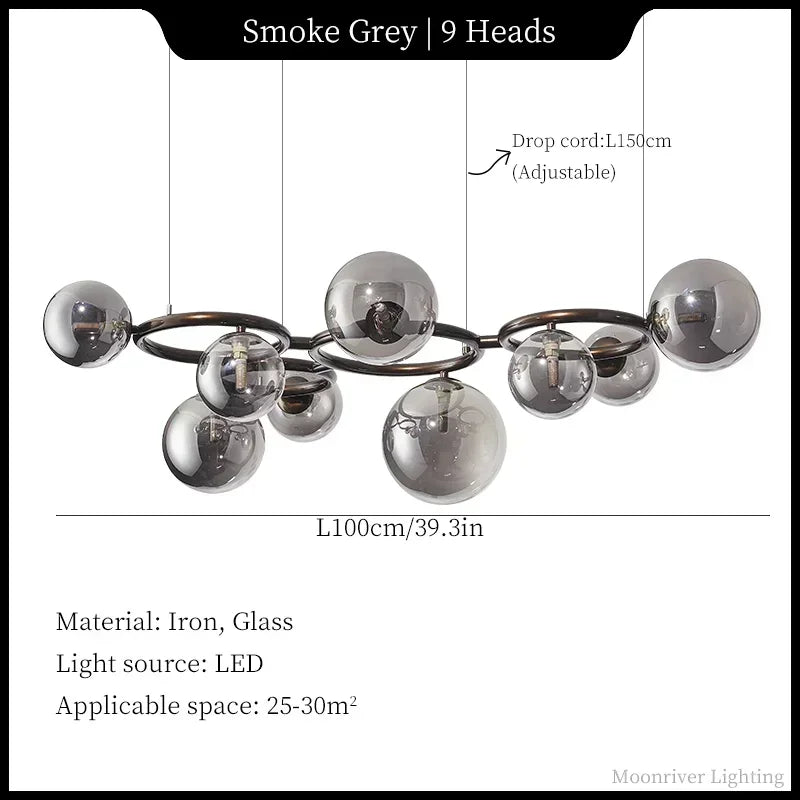 Suspension Cuisine Globes Verre sur Anneaux, 5, 7 ou 9 Têtes