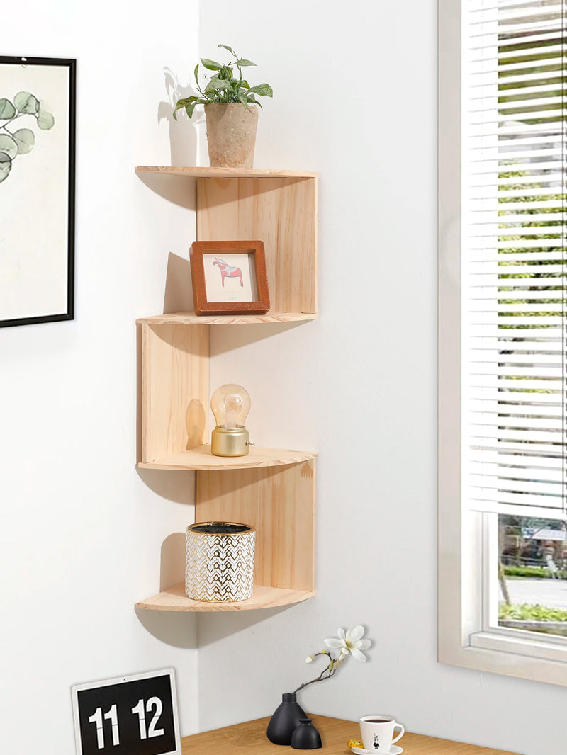 Étagère d'Angle Murale en Bois 2 ou 5 Niveaux, Bois Clair ou Foncé