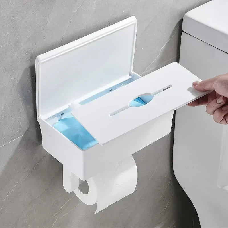 Porte-Papier Toilette Adhésif avec Boîte de Rangement et Tablette, Noir ou Blanc