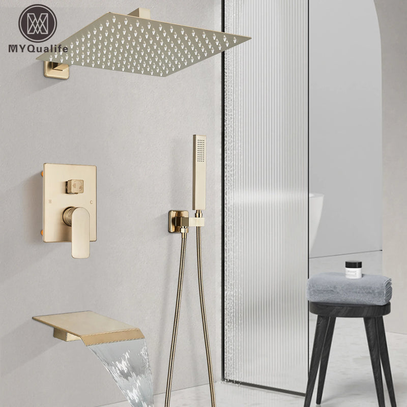 Douche Encastrable Or Brossé 2 ou 3 Voies, Pommeau Carré 20 à 40 cm