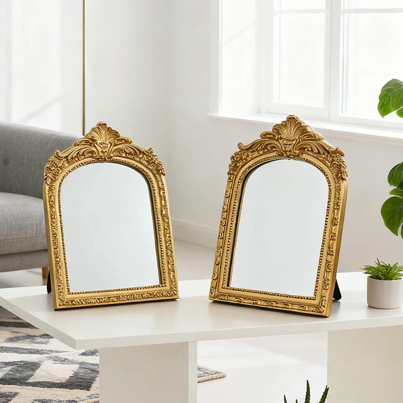 Miroir de Table Doré en Arche Sculptée, Style Vintage, 3 Formats