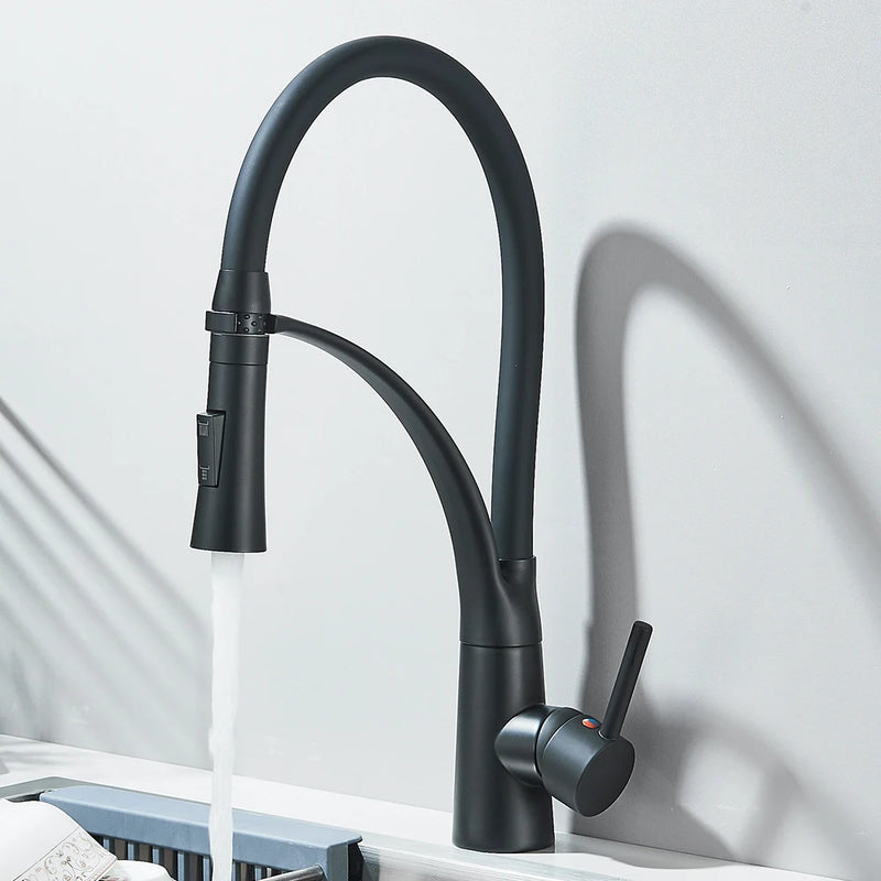 Mitigeur Cuisine Laiton Douchette Extractible Col Souple Noir, Hauteur 42 cm
