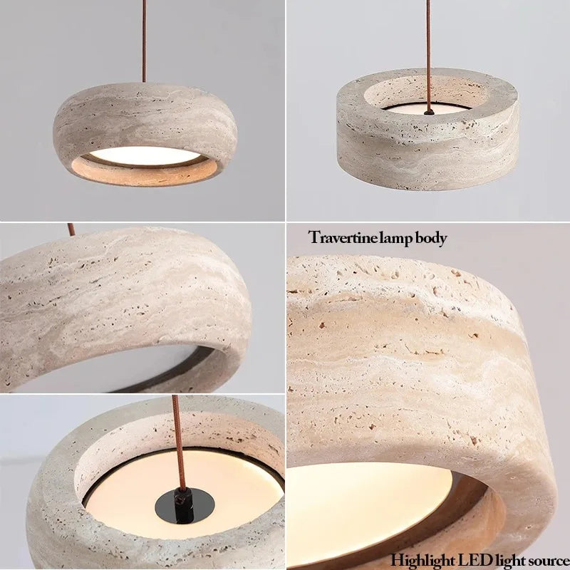Suspension Cuisine Travertin Naturel Wabi-Sabi, 1 à 3 Têtes, Ø 20 cm