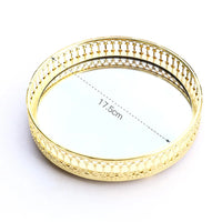 Plateau Miroir Rond Doré à Bord Ajouré, Verre et Métal 17,5 cm