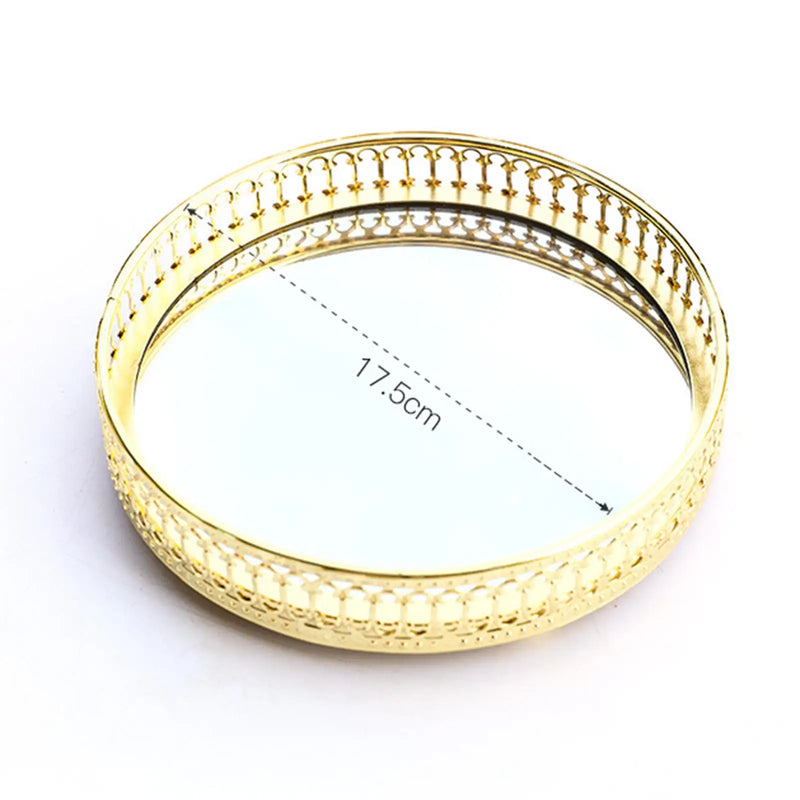Plateau Miroir Rond Doré à Bord Ajouré, Verre et Métal 17,5 cm