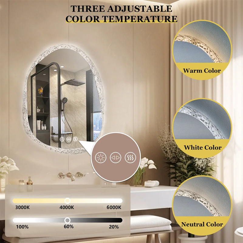 Miroir LED Salle de Bain Organique Anti-Buée Tactile Effet Pierre