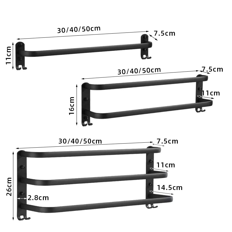 Porte-Serviettes Mural Aluminium Noir Autocollant 1 à 3 Barres 50 cm