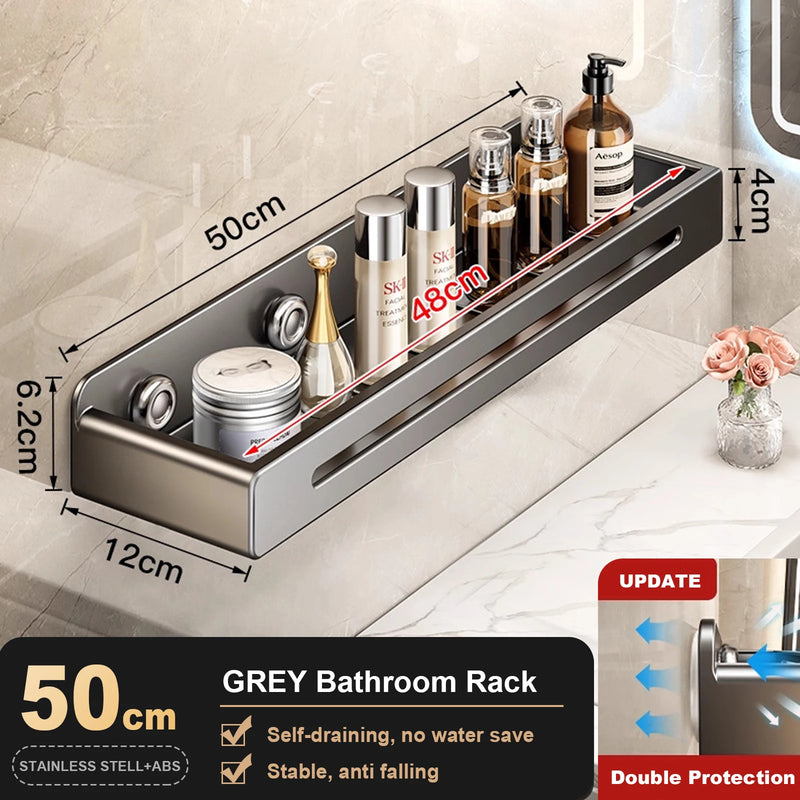 Étagère Salle de Bain Inox Gris à Ventouses, Sans Perçage 30 à 50 cm