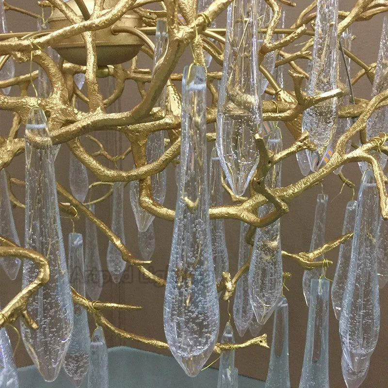 Lustre Suspension Cuisine Branches et Gouttes de Cristal, Doré ou Argenté, 100 à 150 cm
