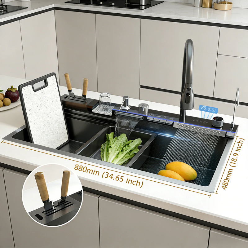 Évier Cuisine Inox Cascade à Affichage Digital, Noir ou Doré, 5 Tailles