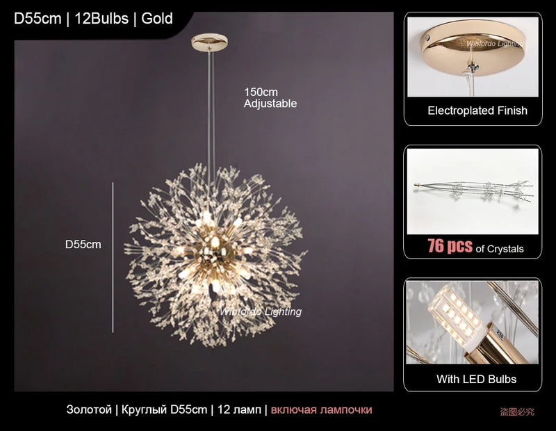 Suspension Cuisine Pissenlit Cristal Doré, Ronde ou Linéaire, 40 à 92 cm