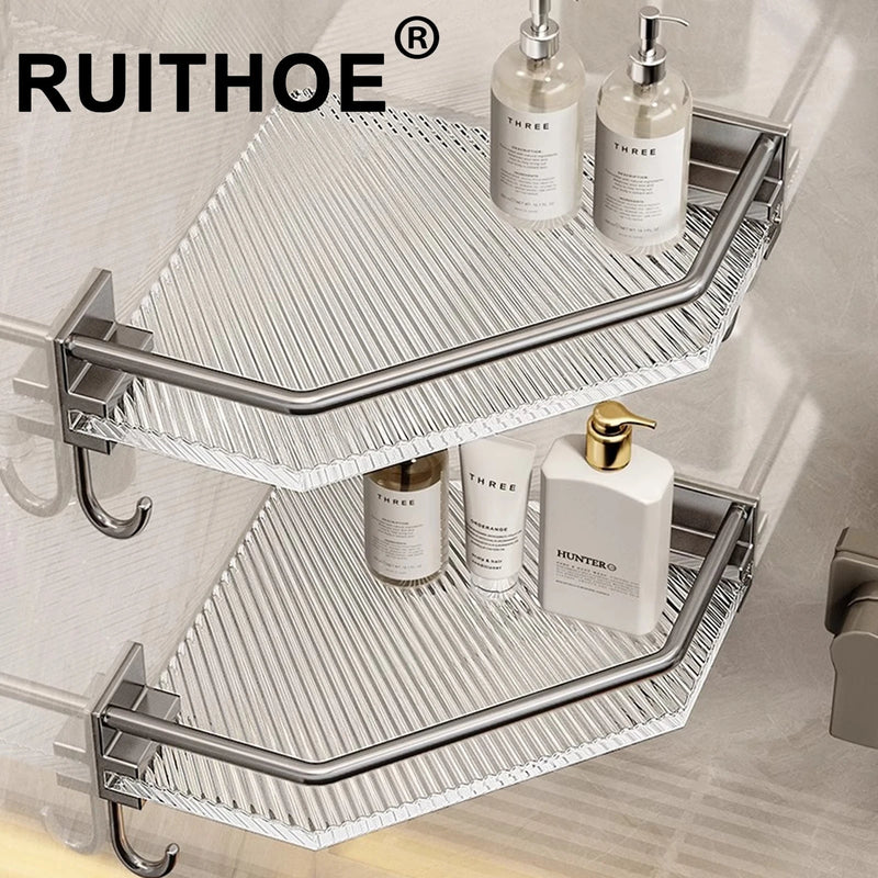 Étagère de Douche d'Angle Acrylique Sans Perçage Cadre Aluminium 32 cm