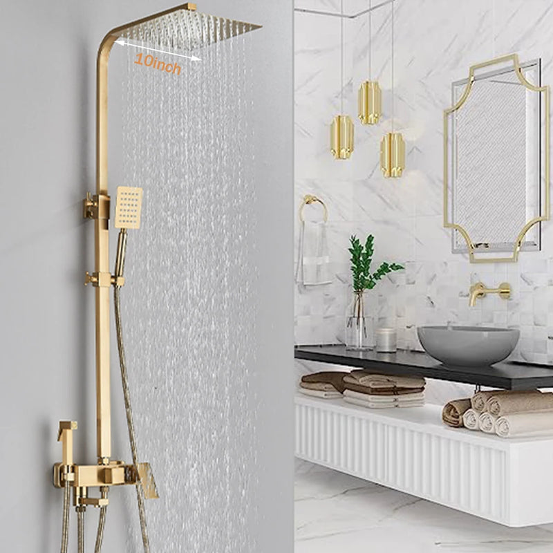 Colonne de Douche Dorée Brossée avec Mitigeur, Bec Baignoire et Douchette WC