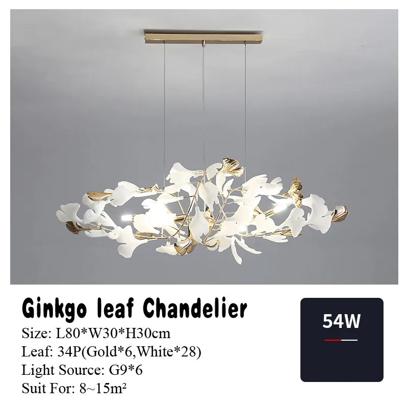 Suspension Cuisine Feuilles de Ginkgo Doré et Blanc, 60 à 150 cm
