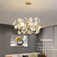 Suspension Cuisine Feuilles de Ginkgo Doré et Blanc, 60 à 150 cm
