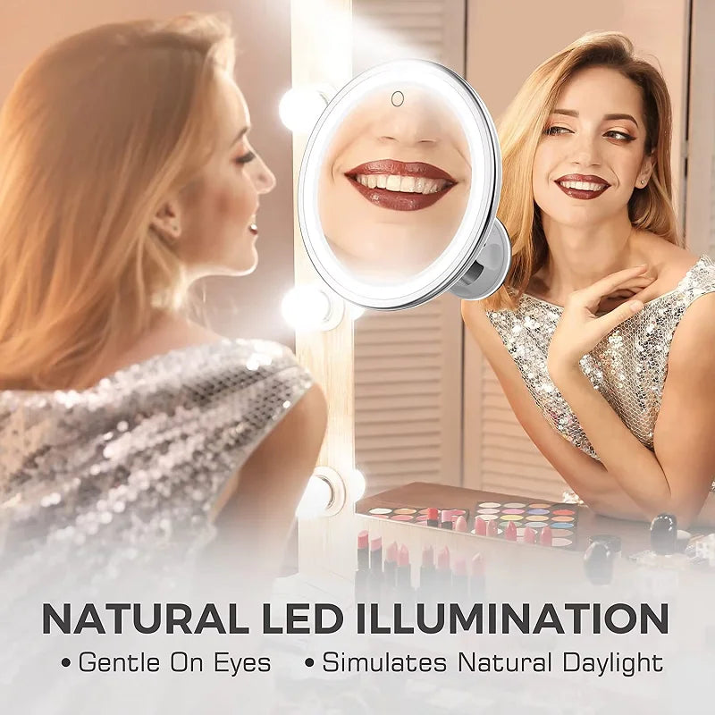 Miroir Maquillage LED Grossissant 10X Ventouse Rond Rotatif 360° Blanc