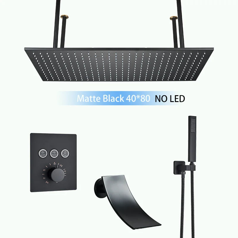 Douche Encastrable LED Plafond Cascade Noir Mat
