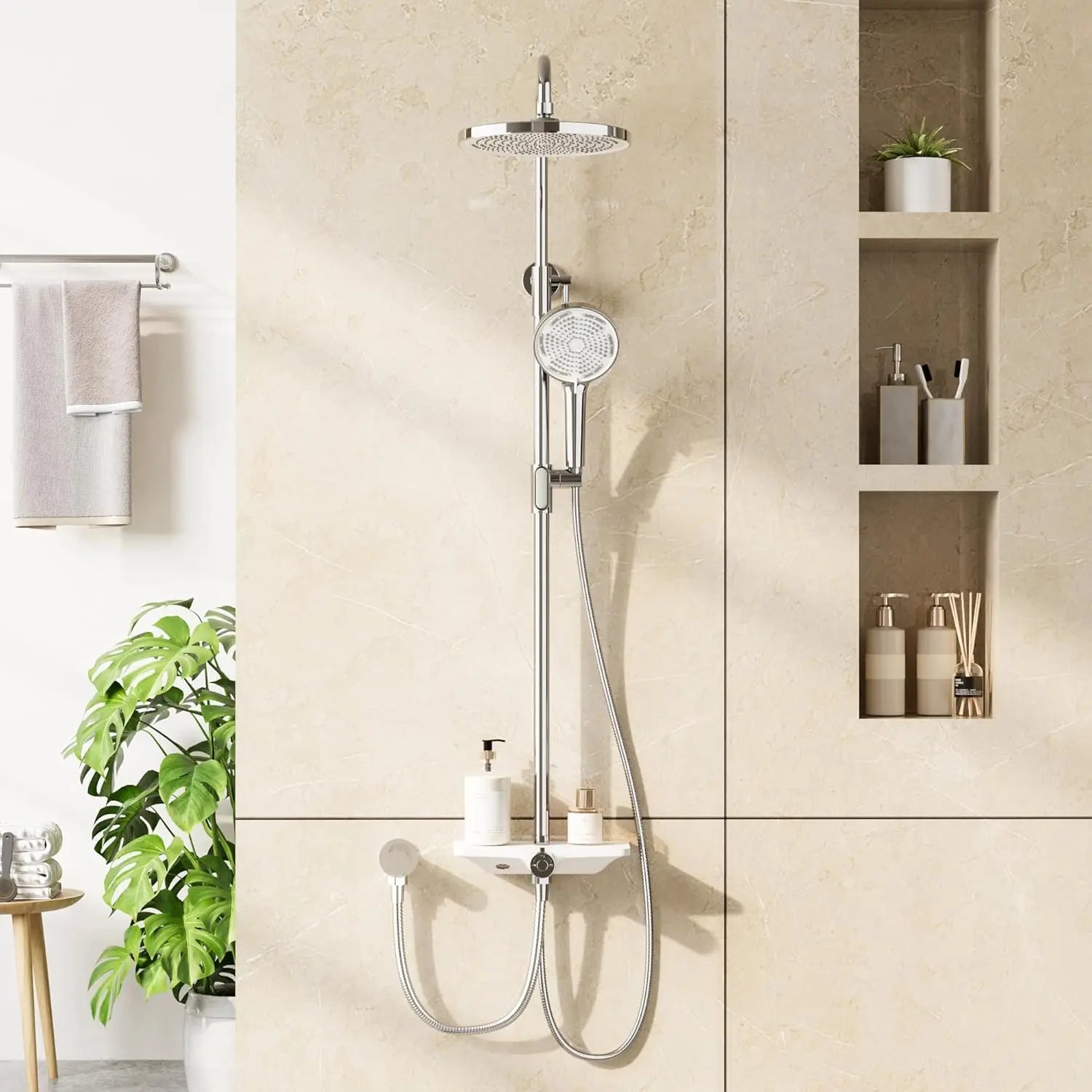 Colonne de Douche Murale Inox avec Étagère Intégrée