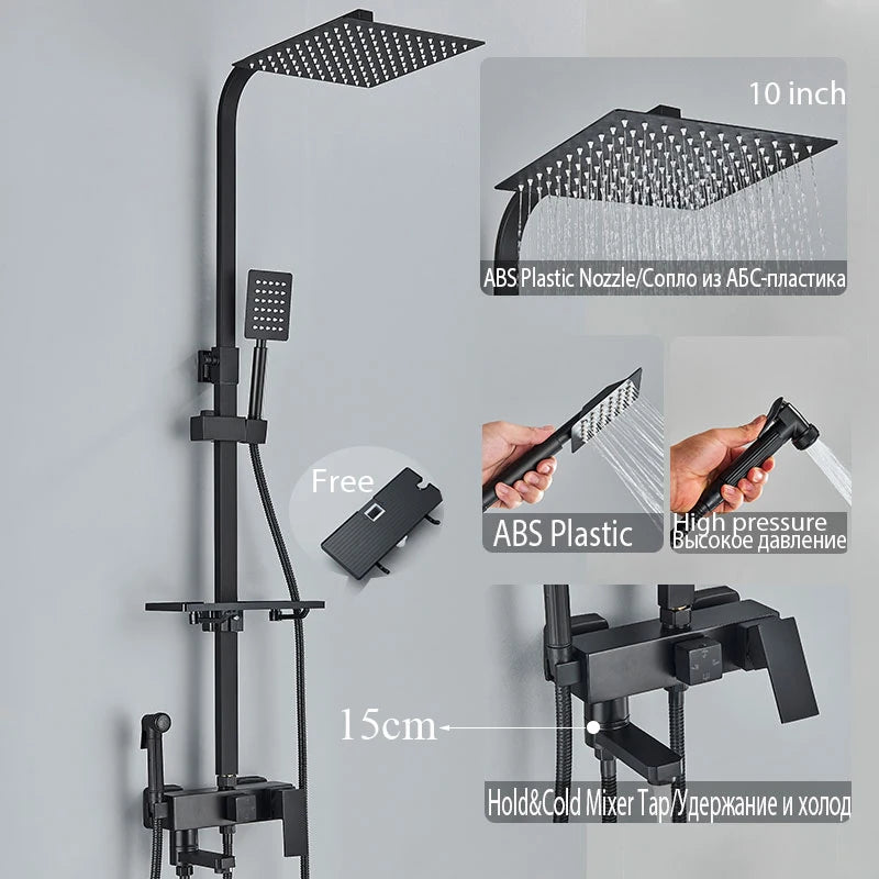 Colonne de Douche Réglable 73 à 116 cm avec Étagère, Noir, Chromé ou Doré