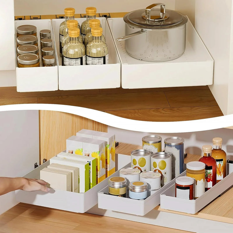 Rangement Coulissant Sous Évier Sans Perçage, Tiroirs ABS Blancs, 3 Largeurs