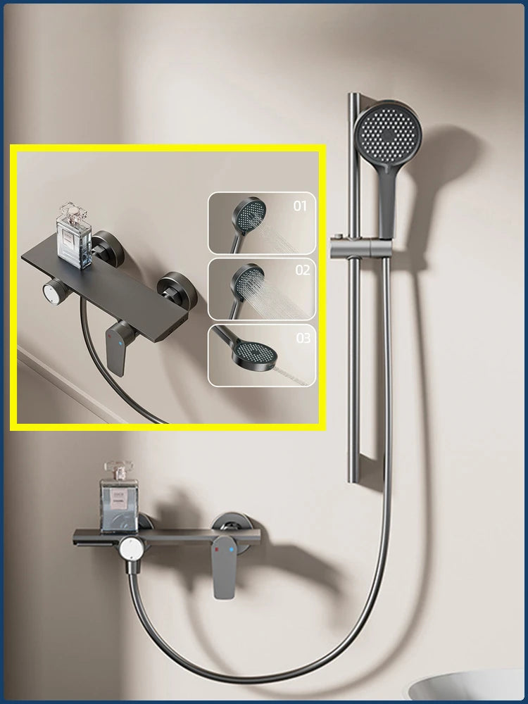 Colonne de Douche Murale avec Mitigeur à Tablette et Douchette 3 Jets, Gris
