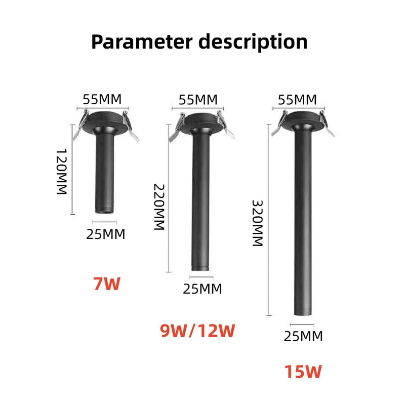 Spot LED Encastrable Tube Long Orientable, Noir ou Blanc, 7 à 15 W