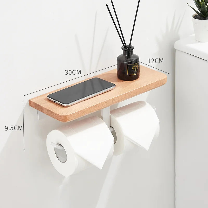Porte-Papier Toilette Mural avec Tablette en Bois, Noir ou Blanc, 16 à 30 cm