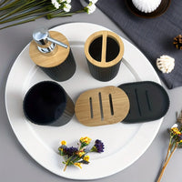 Set Accessoires Salle de Bain 4 Pièces Noir ou Blanc, Plastique et Bambou