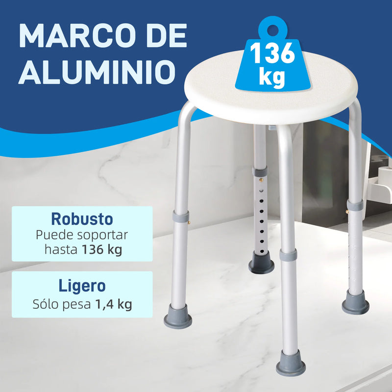 Tabouret de Douche Rond Réglable en Hauteur, Aluminium Antidérapant