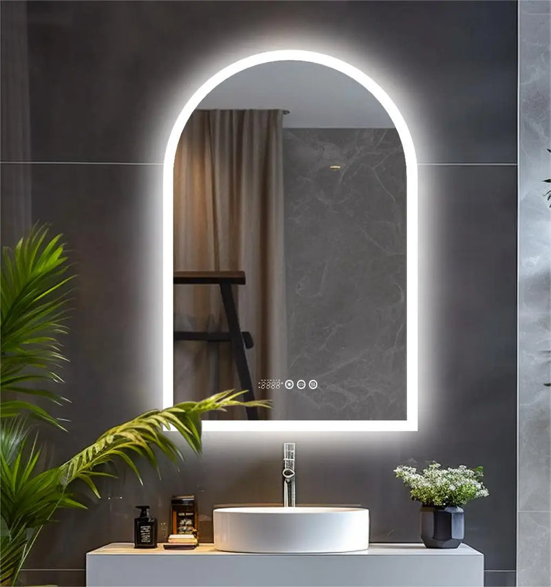 Miroir LED Salle de Bain Arche Anti-Buée avec Heure et Température