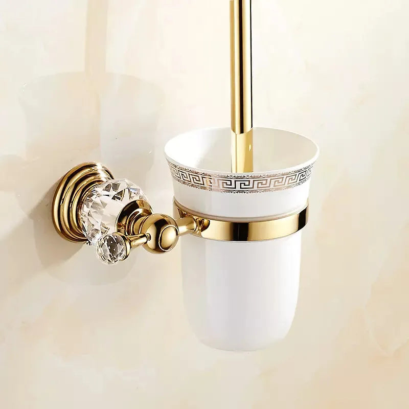 Porte-Brosse WC Mural Doré ou Chromé, Coupelle Céramique et Brosse