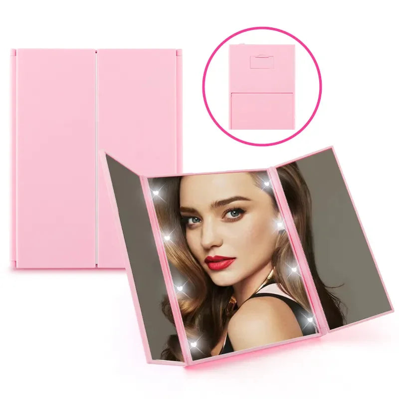 Miroir de Maquillage LED Pliant 3 Volets, Blanc, Noir ou Rose
