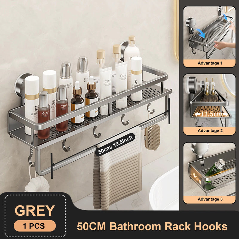 Étagère Salle de Bain à Ventouse Aluminium Gris, 30 à 50 cm