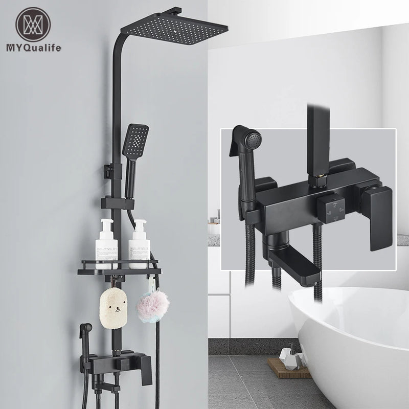 Colonne de Douche Laiton avec Étagère, Jet Hygiénique et Bec Baignoire
