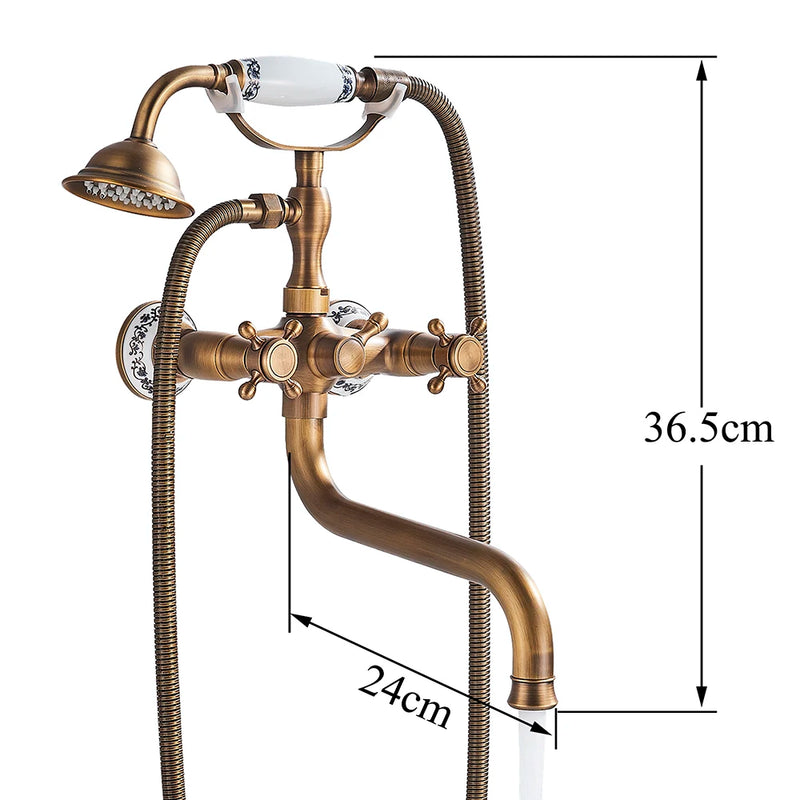 Robinet Baignoire Mural Laiton Vieilli Bec Long 24 cm avec Douchette