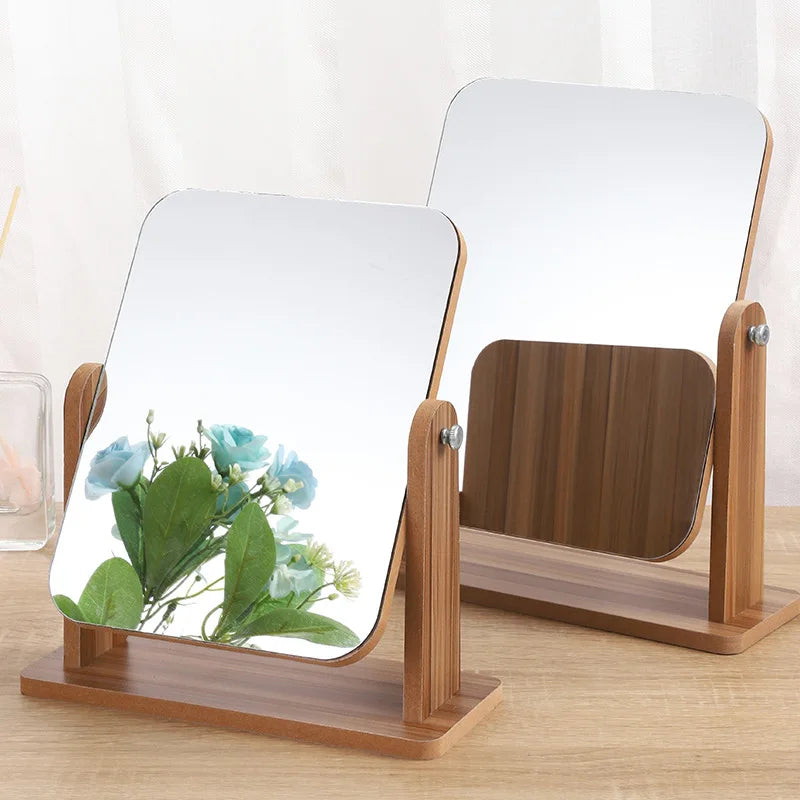 Miroir de Table Rotatif 360° en Bois, Rectangulaire 12,7 x 17,7 cm