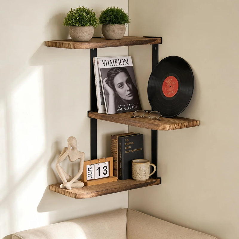 Étagère d'Angle Murale 3 Niveaux Bois et Métal Noir, 44 cm