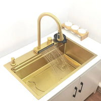 Évier Cuisine Inox 304 Doré Brossé 1 Bac Multifonction, 68 ou 75 cm