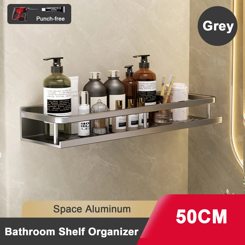 Étagère Salle de Bain Aluminium Sans Perçage Noir ou Gris avec Crochets, 30 à 50 cm