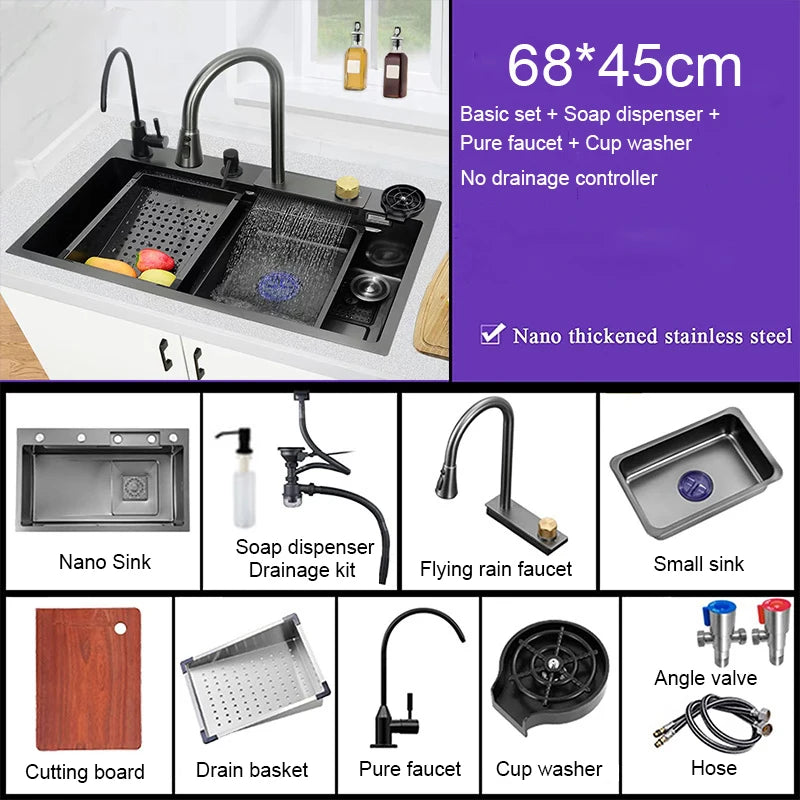 Évier de Cuisine Multifonction Cascade Noir avec Lave-Tasse