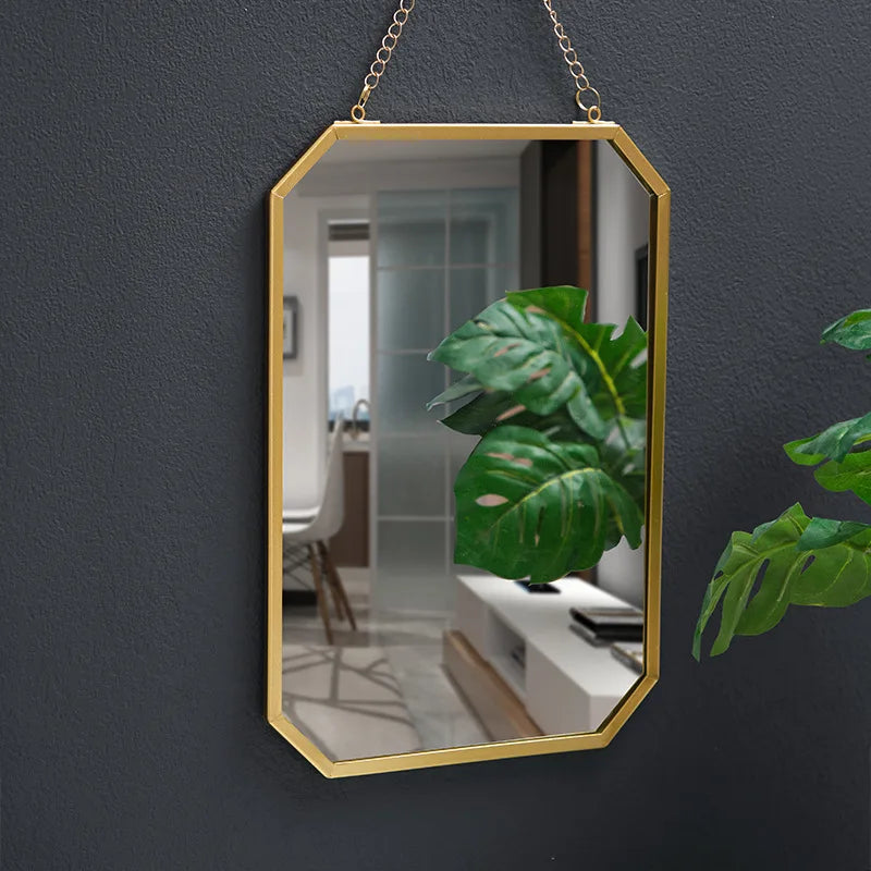 Miroir Mural Rectangulaire Doré à Suspendre avec Chaîne, Angles Coupés