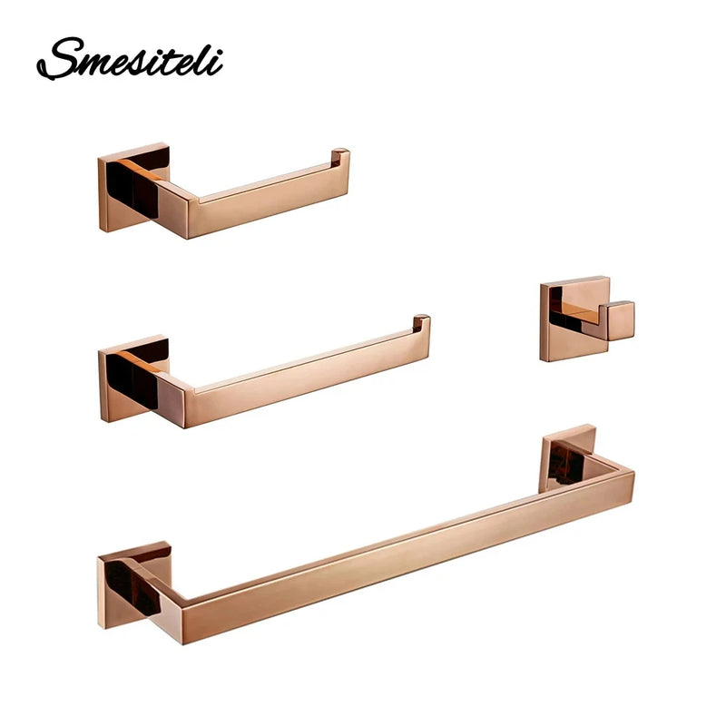 Accessoires Salle de Bain Inox Or Rose Poli Carrés à la Pièce, 5 Articles
