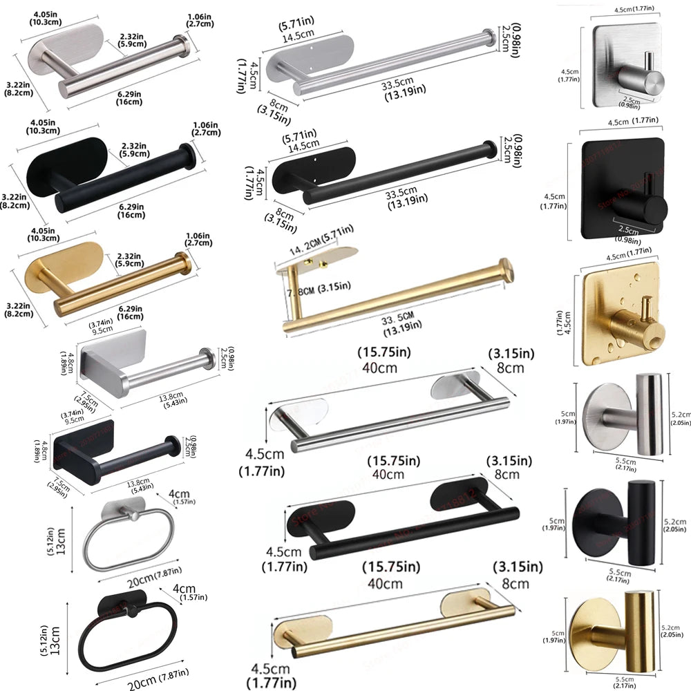 Accessoires Salle de Bain Adhésifs Sans Perçage Noir, Doré ou Argent à la Pièce, 24 Articles